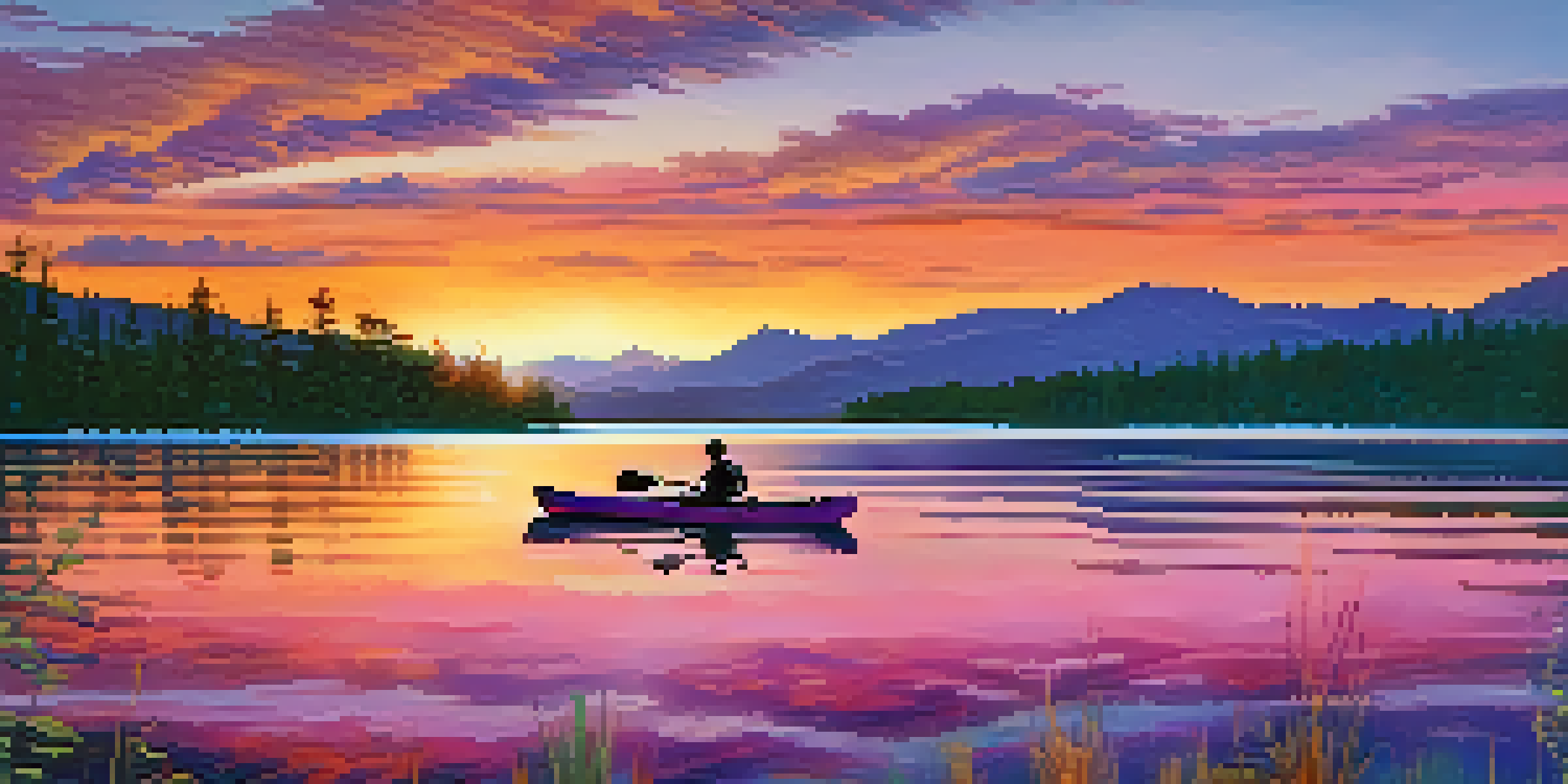 A tranquil sunset over Big Bear Lake with a kayak in the foreground and mountains in the background.