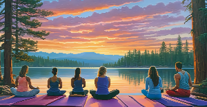 A group of people practicing yoga on a lakeside dock during sunset, surrounded by vibrant colors and towering pine trees.