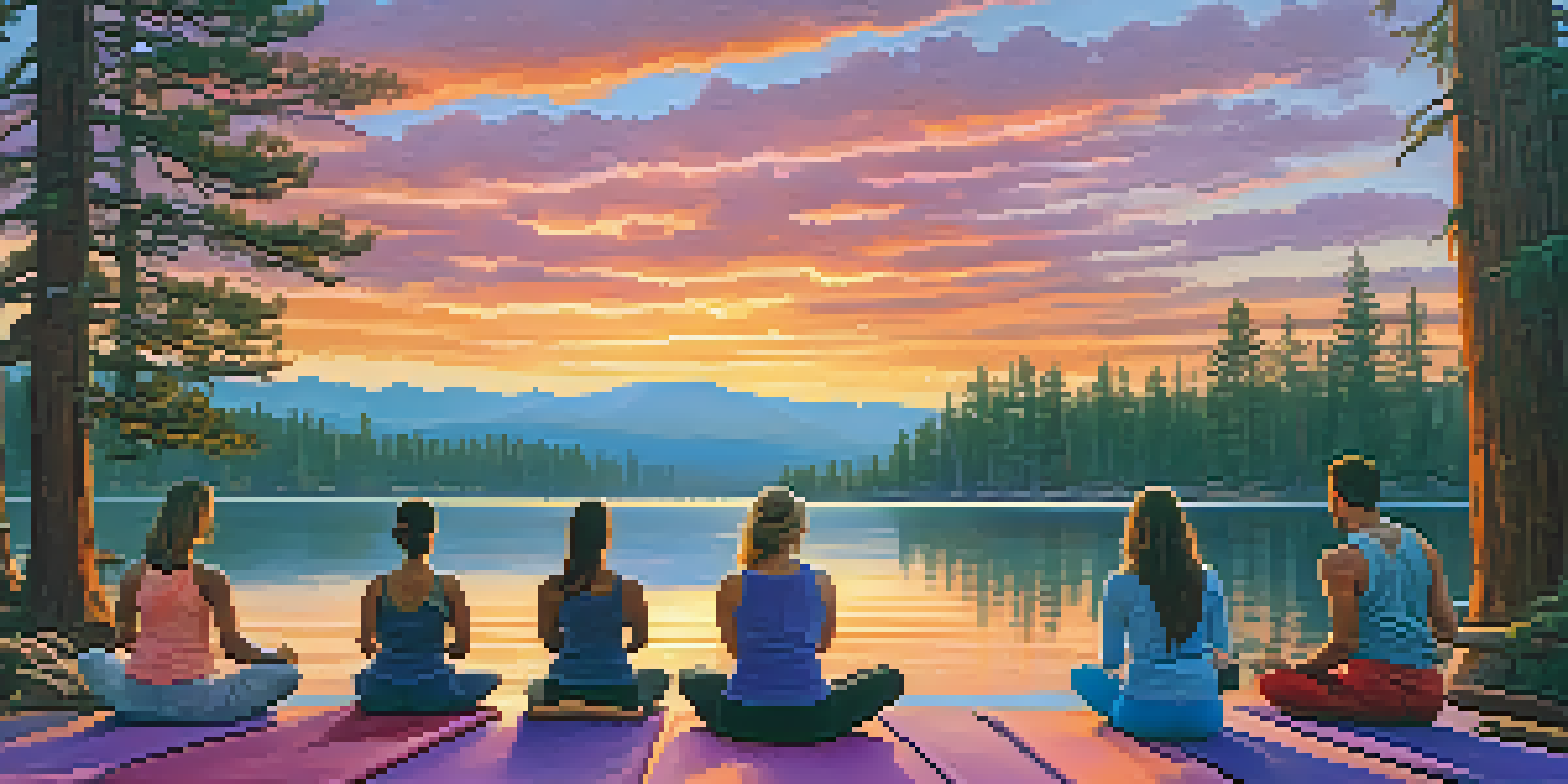 A group of people practicing yoga on a lakeside dock during sunset, surrounded by vibrant colors and towering pine trees.