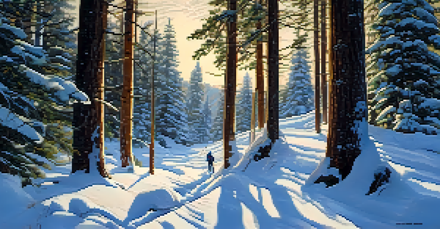 A group of friends snowshoeing through a snowy forest with sunlit trees.