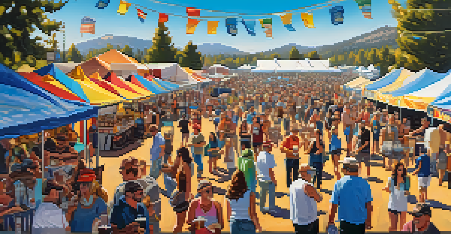 A vibrant Big Bear Craft Beer Festival with colorful beer tents, food trucks, and happy attendees enjoying live music under a clear blue sky.