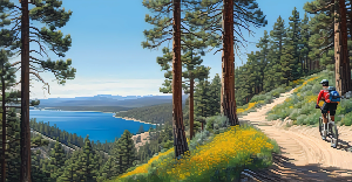 A mountain biker riding along the Pine Knot Trail, with lush pine trees and Big Bear Lake visible in the background.
