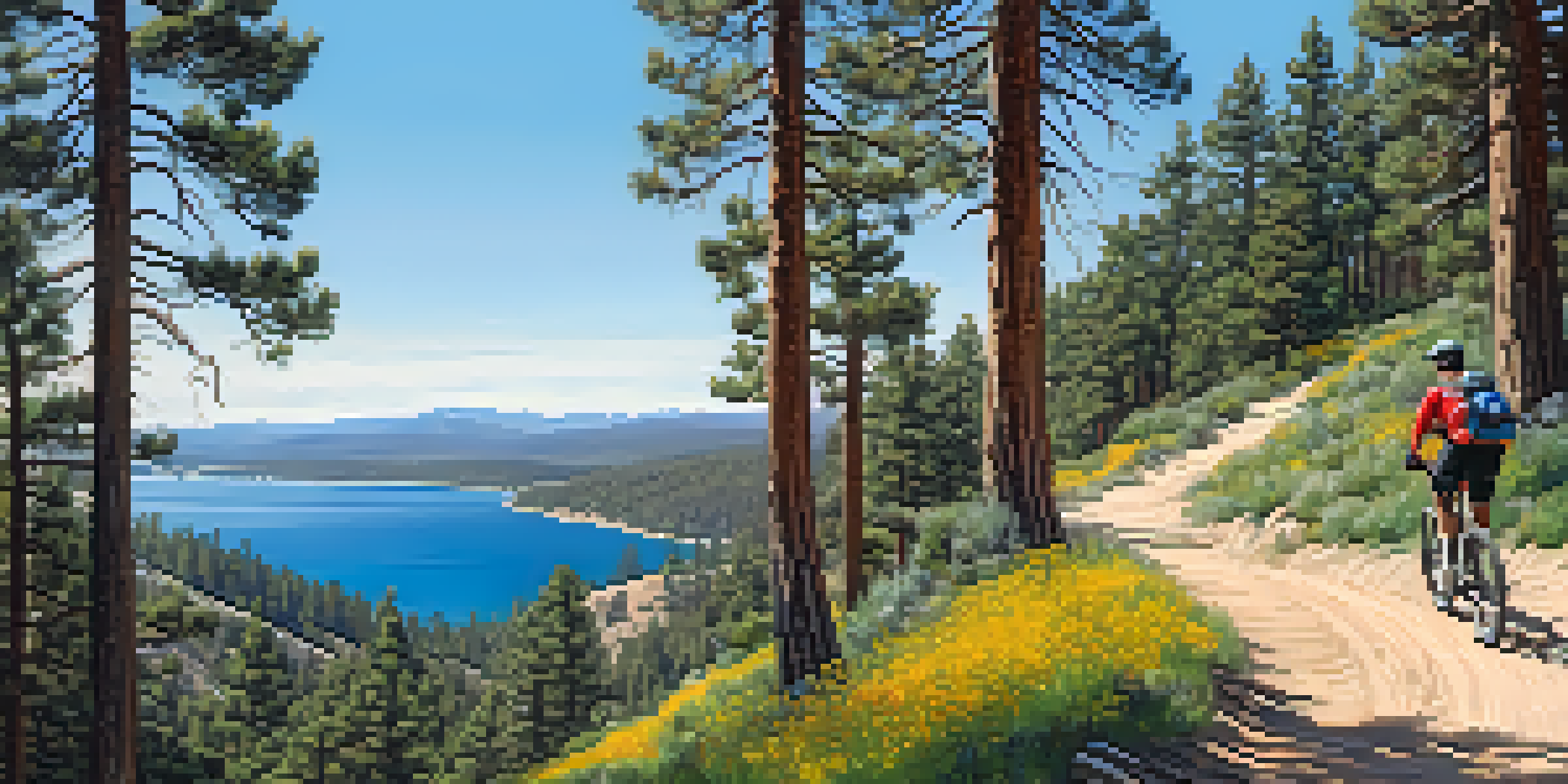 A mountain biker riding along the Pine Knot Trail, with lush pine trees and Big Bear Lake visible in the background.