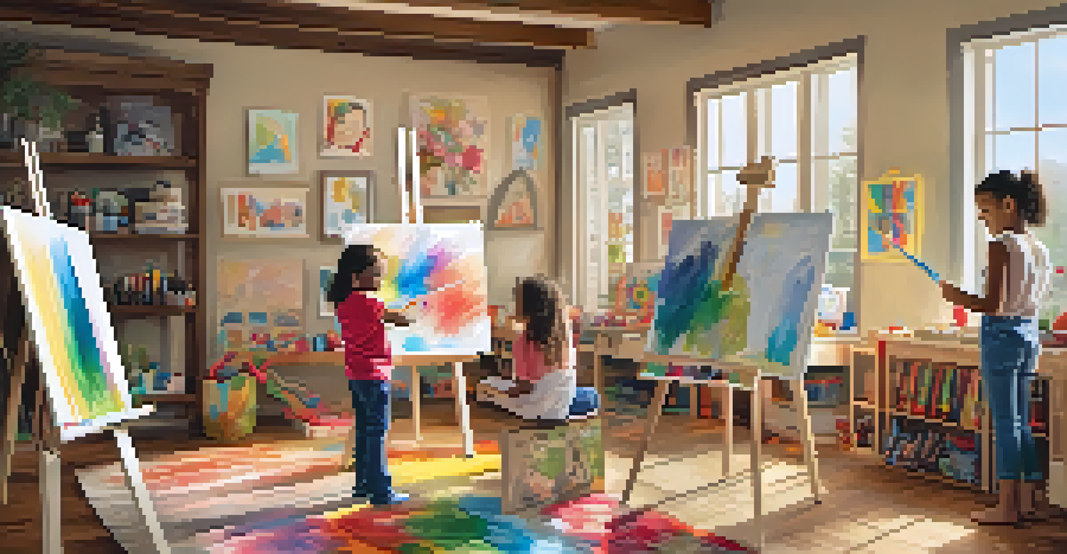 A cheerful indoor art space for children filled with painting supplies and colorful artwork, with a child painting at an easel.