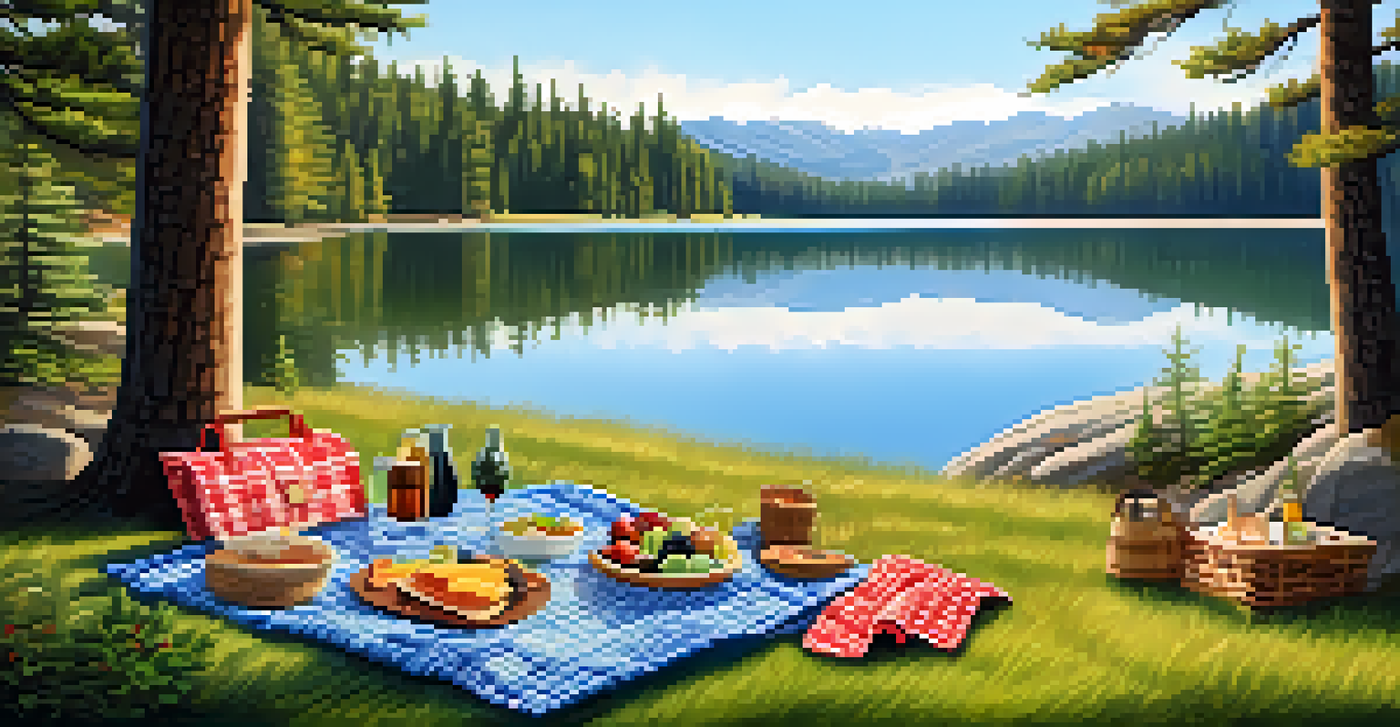 A picnic by the lake with a blanket, food, and drinks, surrounded by trees and the calm water of Big Bear Lake.