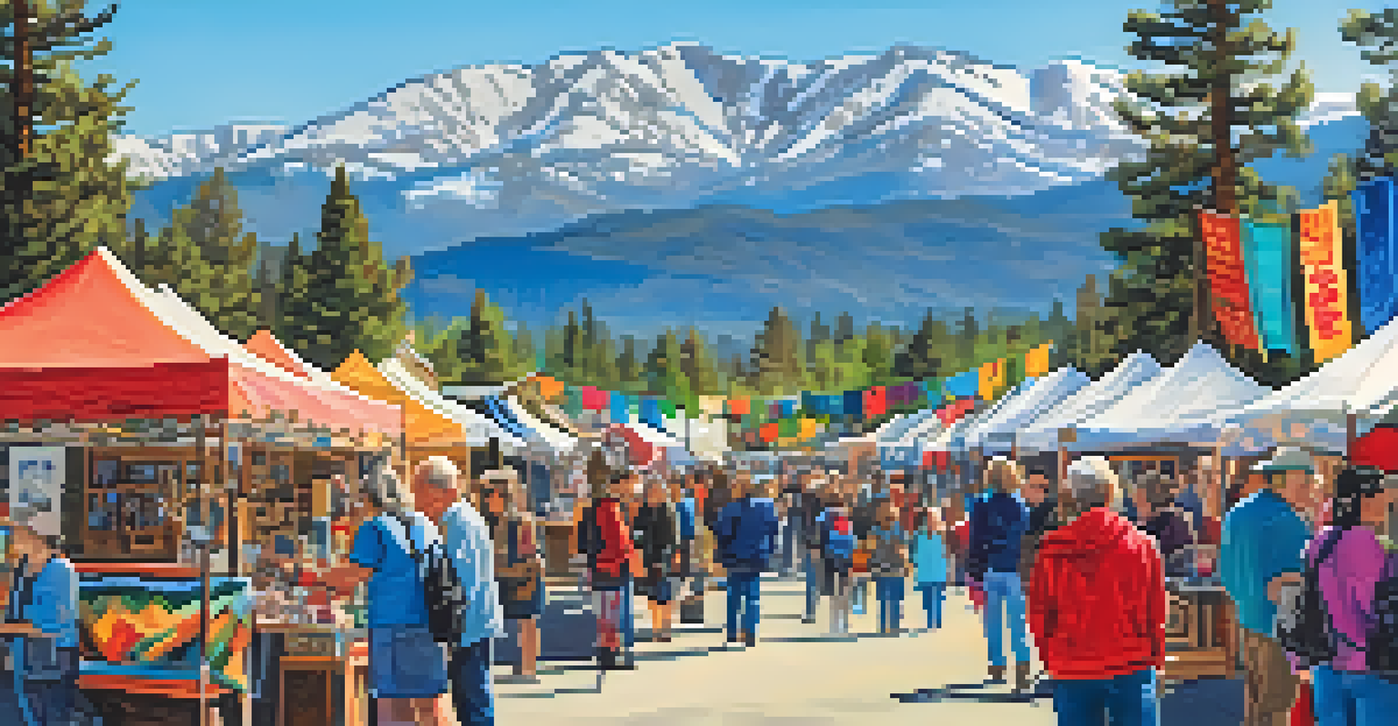 A lively community art fair showcasing artisan crafts, with visitors enjoying the vibrant atmosphere and scenic mountain backdrop.