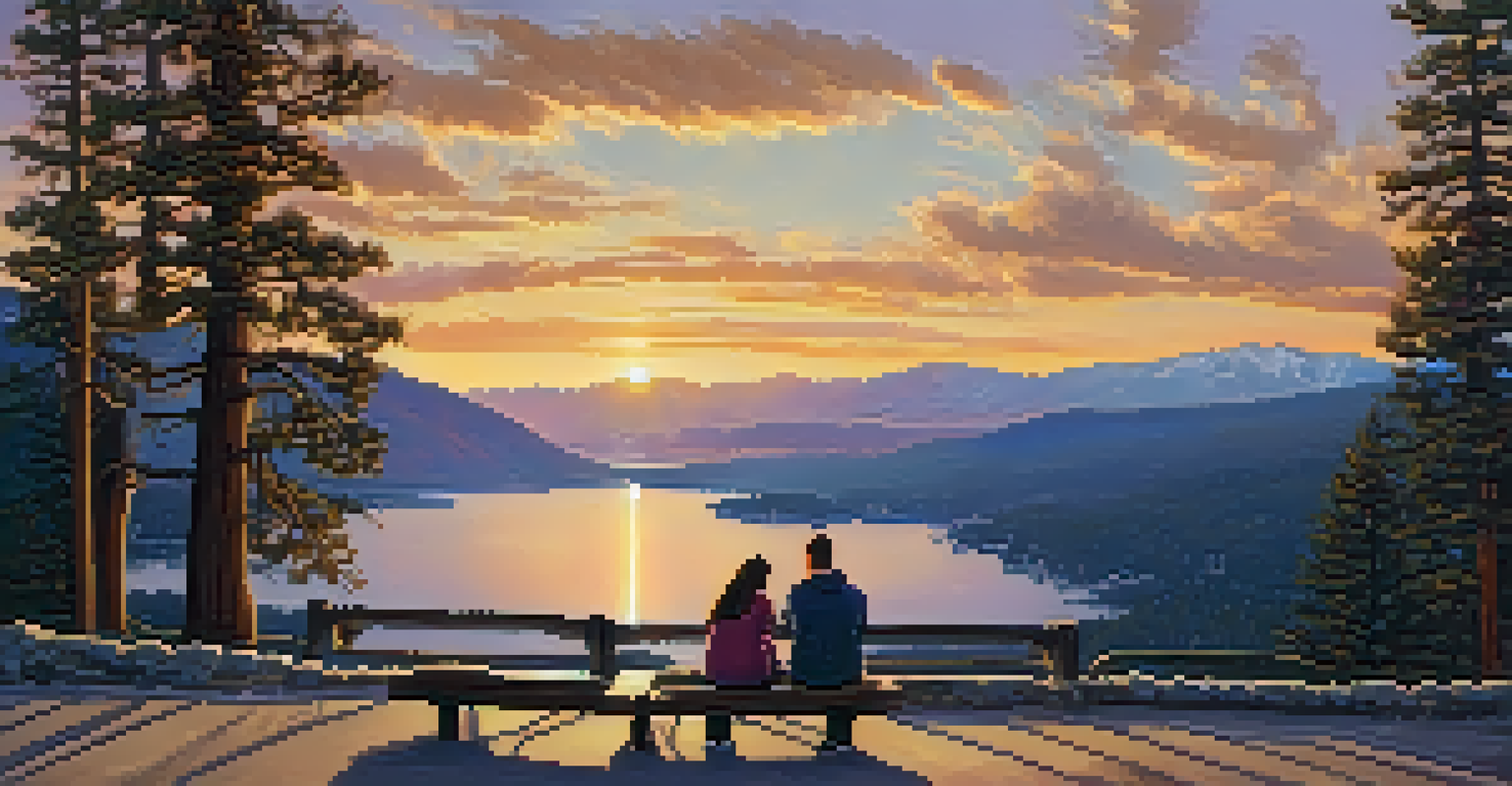 A couple relaxing at Lakeview Point during sunset, surrounded by a beautiful sky and lake view.