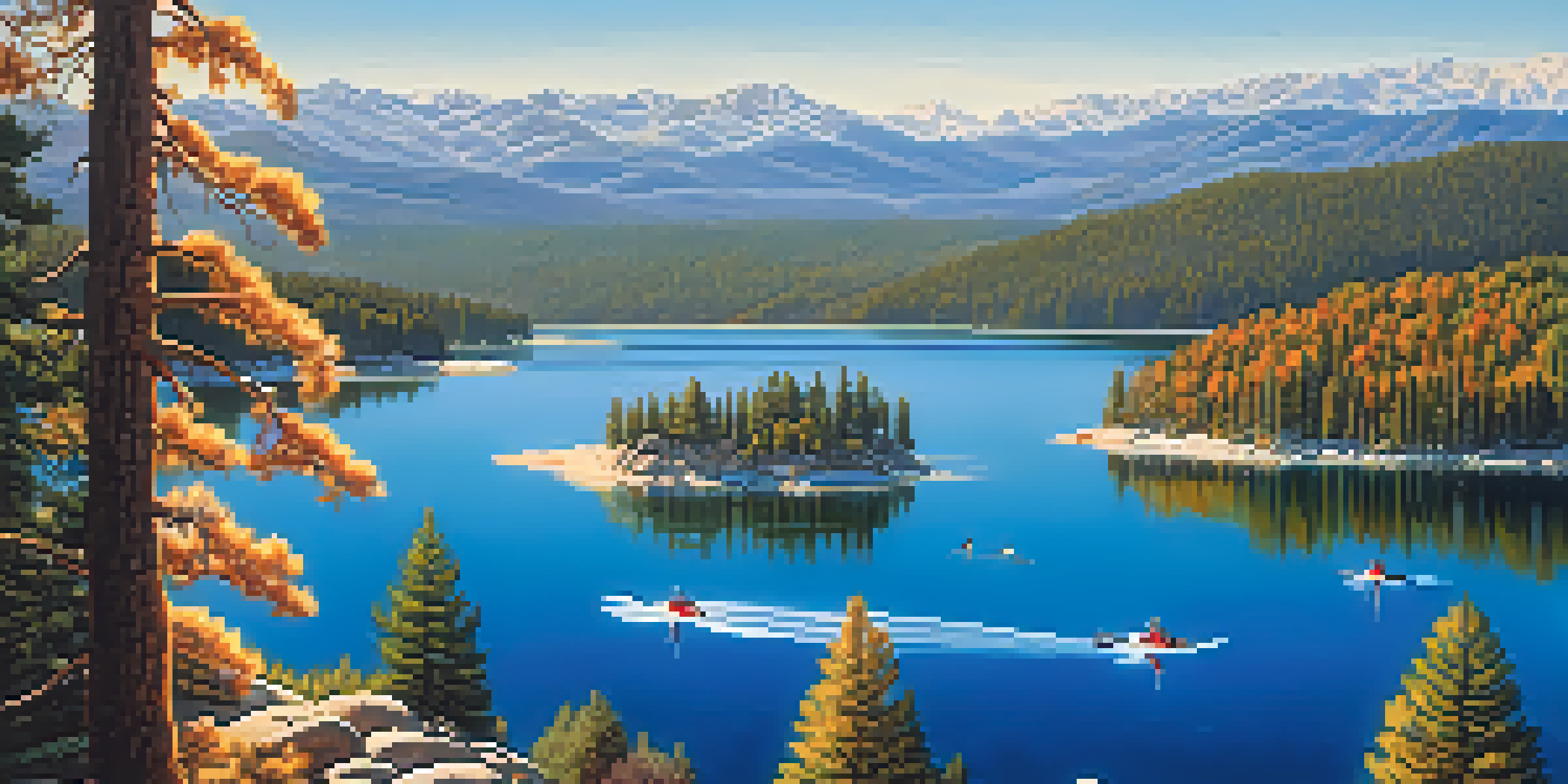 An aerial view of Big Bear Lake surrounded by pine trees and mountains, with jet skiers on the water and autumn colors along the shores.