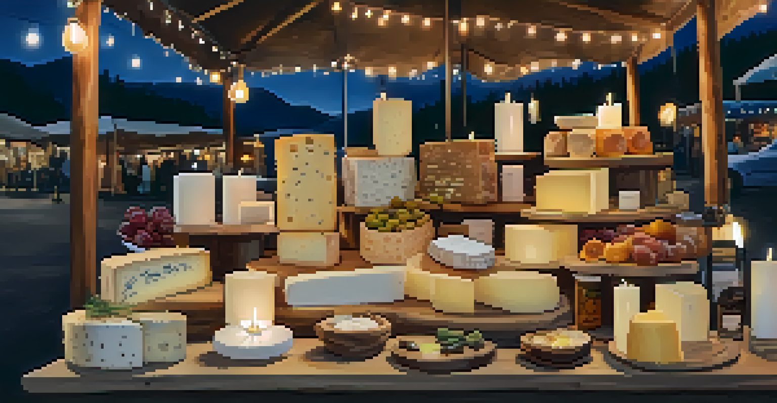 A close-up view of a vendor's stall displaying artisanal cheeses, candles, and art pieces in a warm light.