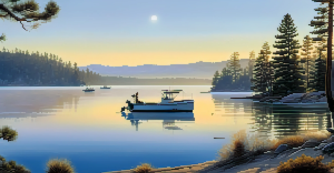 A peaceful morning scene at Big Bear Lake with mist, a fisherman in a boat, and mountains in the background.