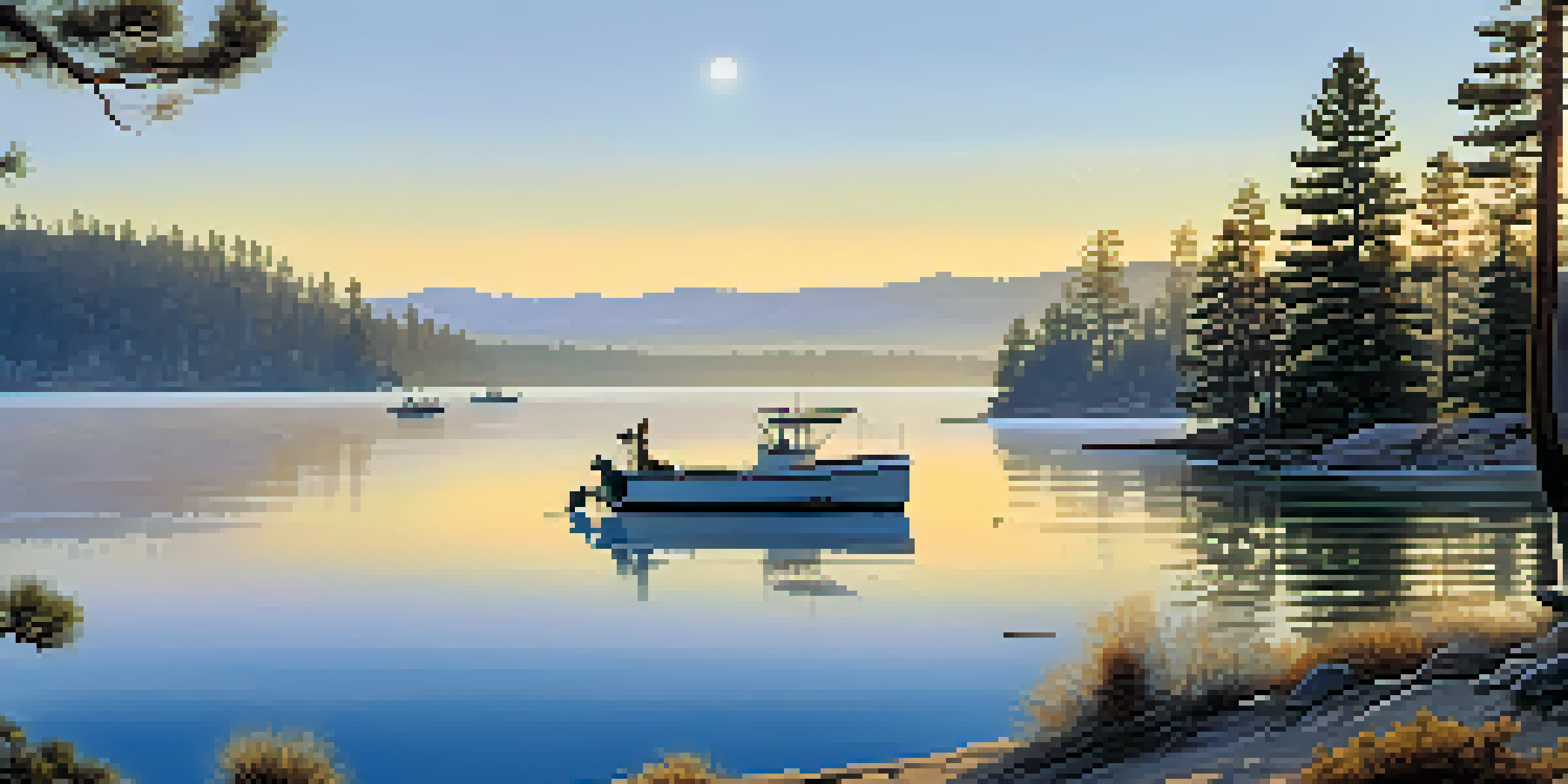 A peaceful morning scene at Big Bear Lake with mist, a fisherman in a boat, and mountains in the background.