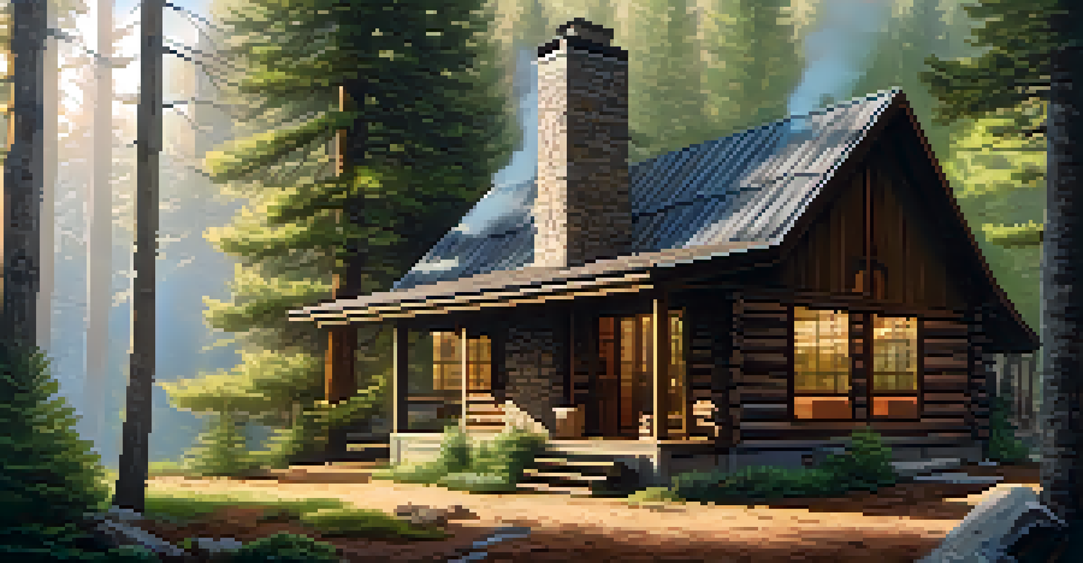 A rustic cabin in the Big Bear forest with yoga mats inside and warm lighting.