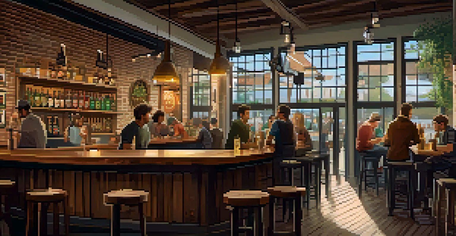The cozy interior of a brewery with a wooden bar and friends enjoying craft beer together.