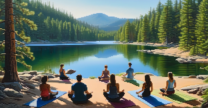 A peaceful mountain setting with a lake and yoga practitioners among pine trees, showcasing tranquility and nature's beauty.