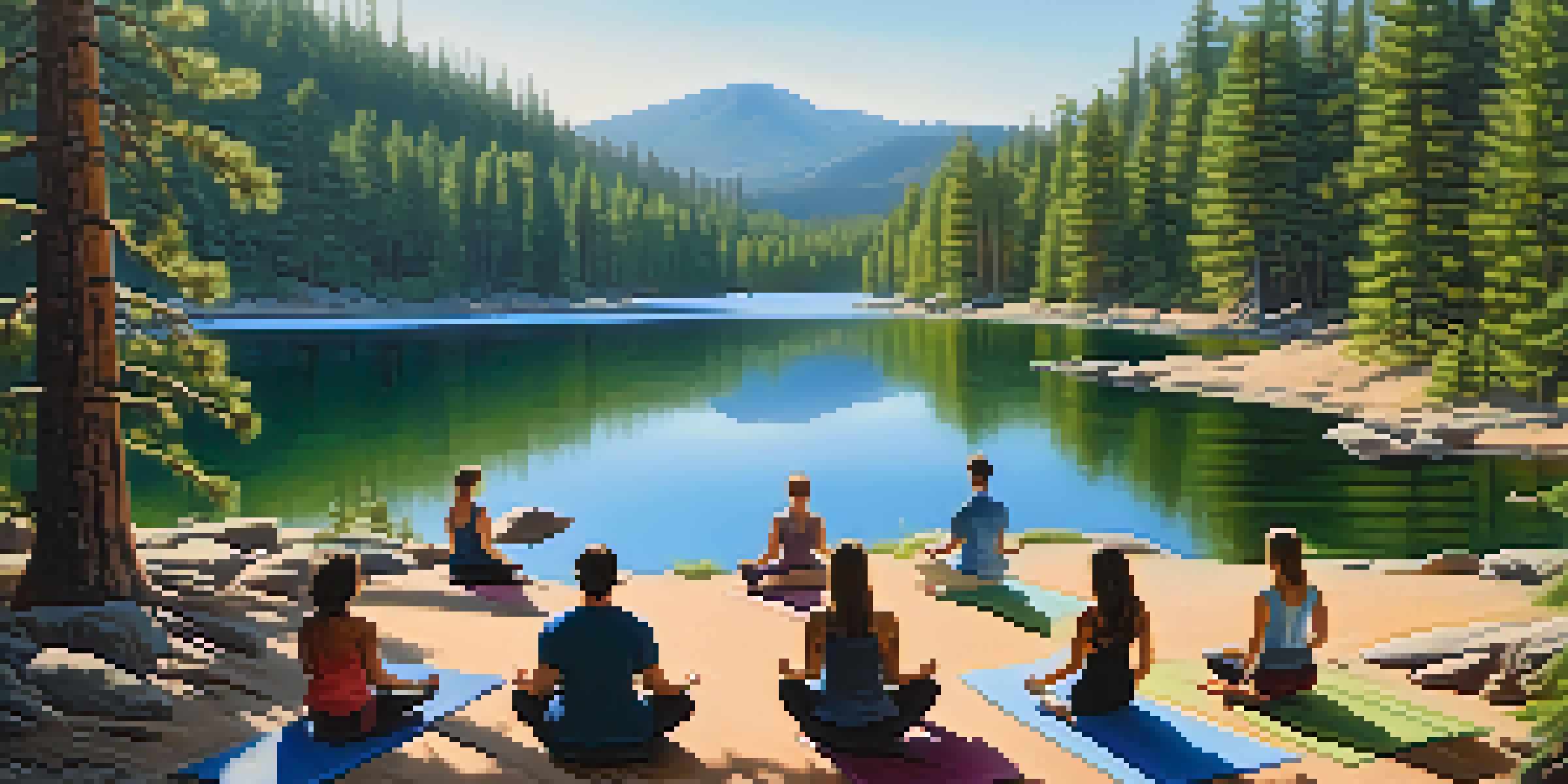 A peaceful mountain setting with a lake and yoga practitioners among pine trees, showcasing tranquility and nature's beauty.