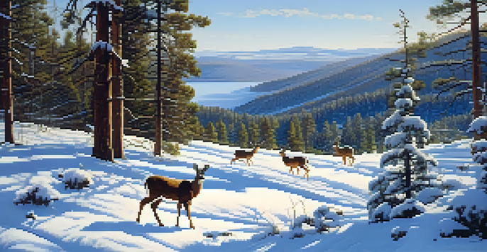 A peaceful winter scene in Big Bear with deer foraging in the snow and snow-covered trees in the background.