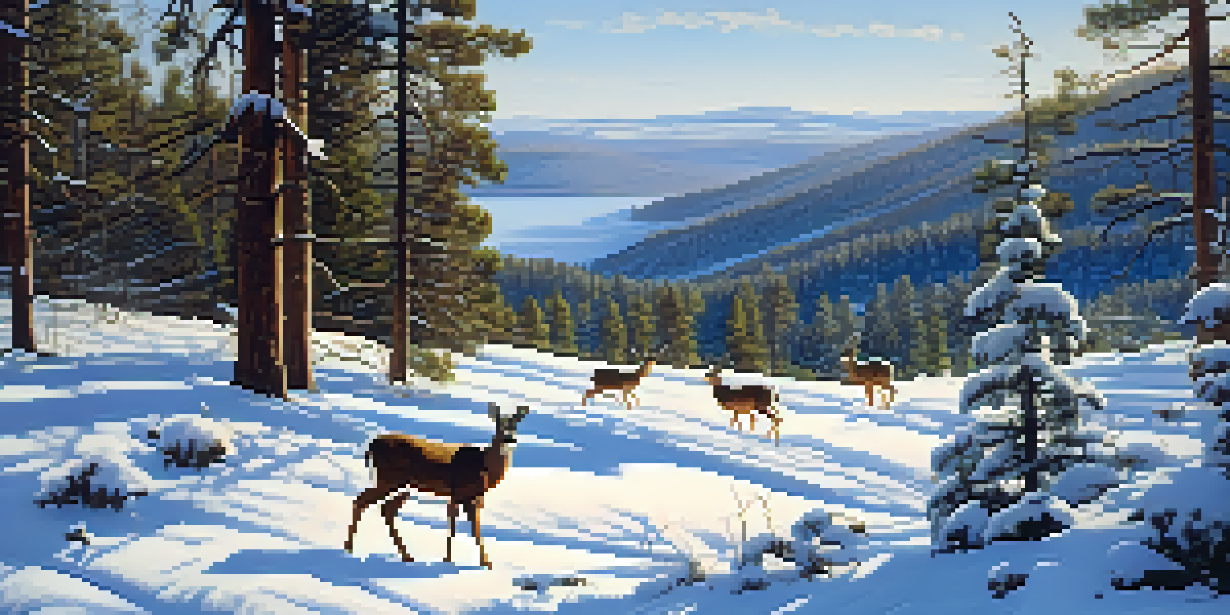 A peaceful winter scene in Big Bear with deer foraging in the snow and snow-covered trees in the background.