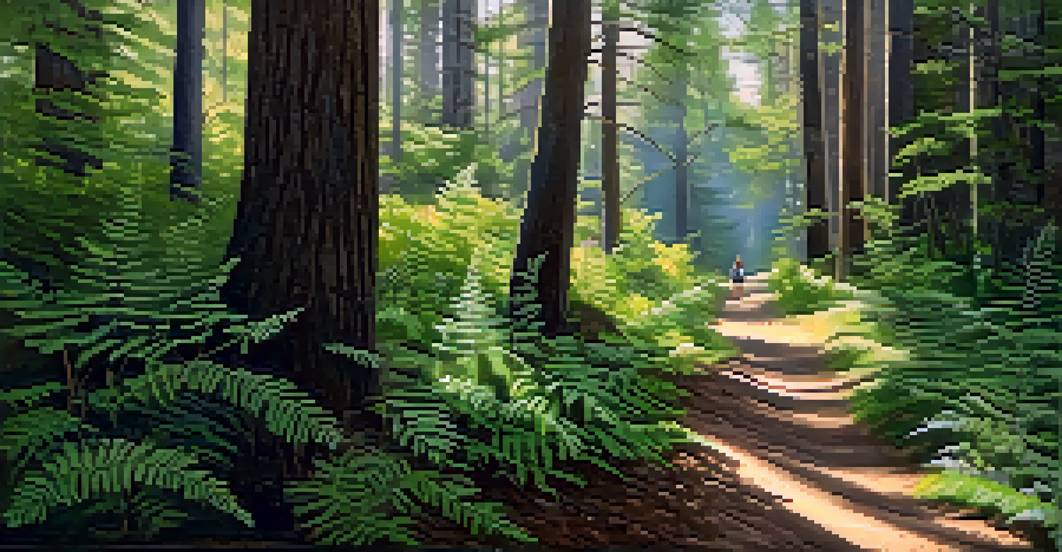 A tranquil woodland trail with tall trees, a dirt path, and a person journaling on a rock.