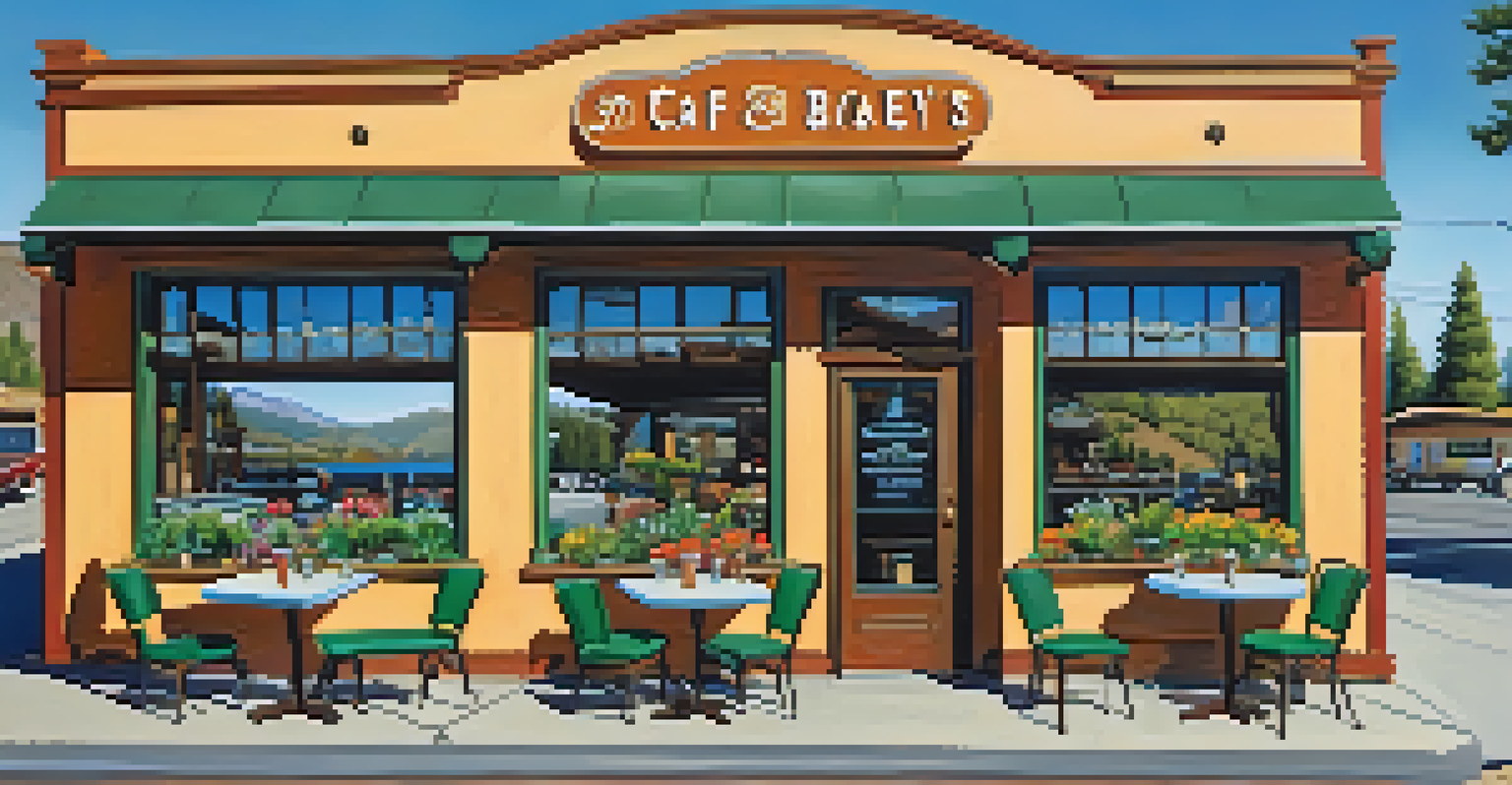 A charming local cafe in Big Bear with outdoor seating, surrounded by flowers and mountains, showcasing a sign about locally sourced ingredients.