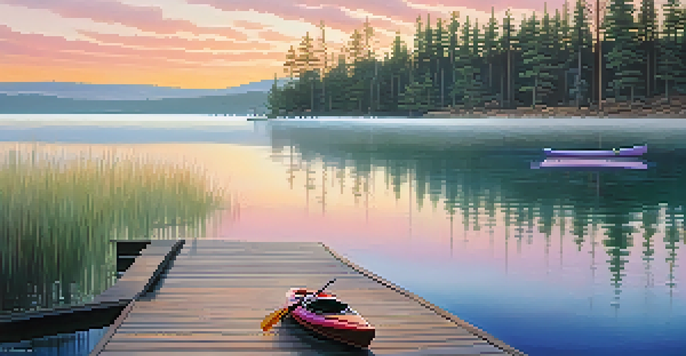 A breathtaking sunrise over Big Bear Lake with mist rising from the water, a wooden dock in the foreground, and kayakers paddling in the distance.