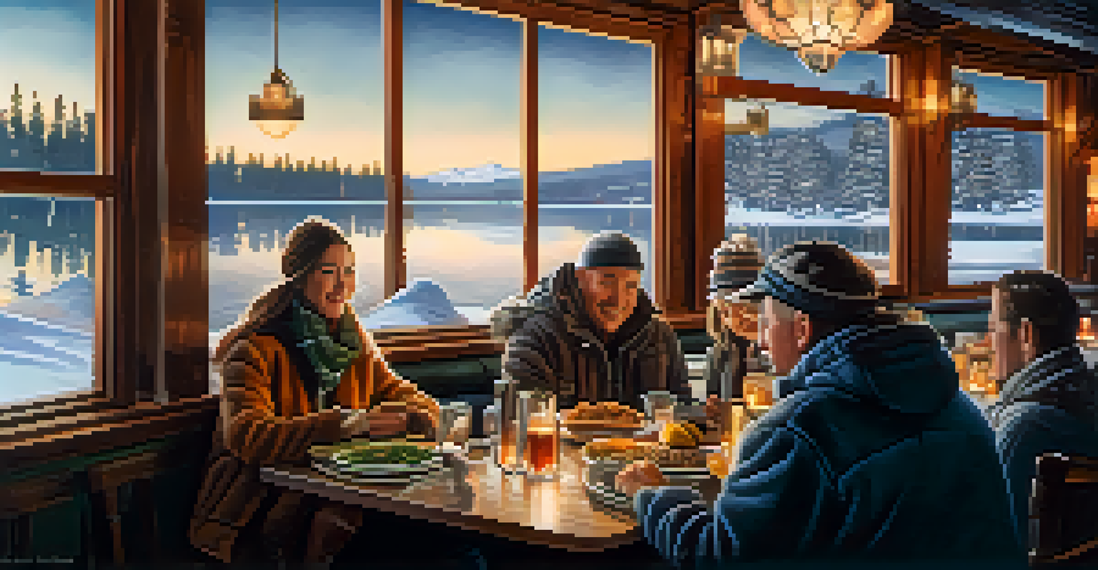 A cozy lakeside restaurant setting with diners enjoying hearty meals in a winter atmosphere.