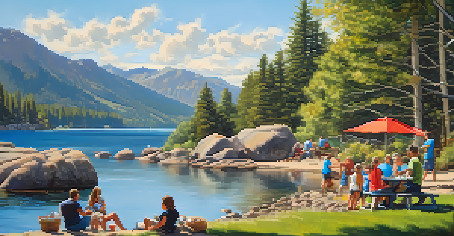 A family barbecue at Boulder Bay Park with boulders and children playing by the lake.