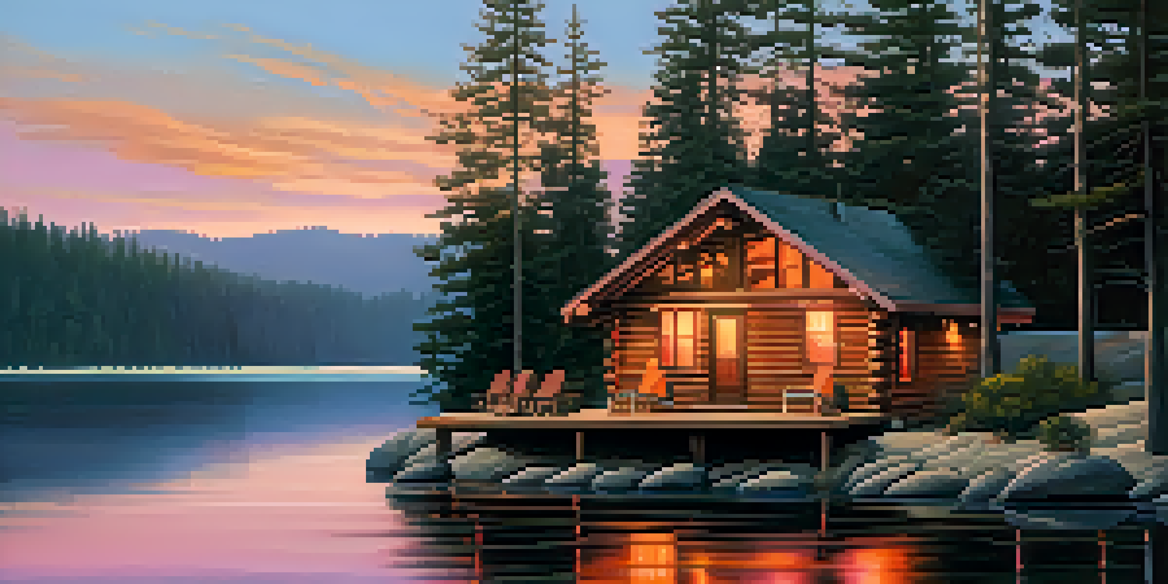 A picturesque lakeside scene at sunset, featuring a wooden cabin and colorful reflections on the water.
