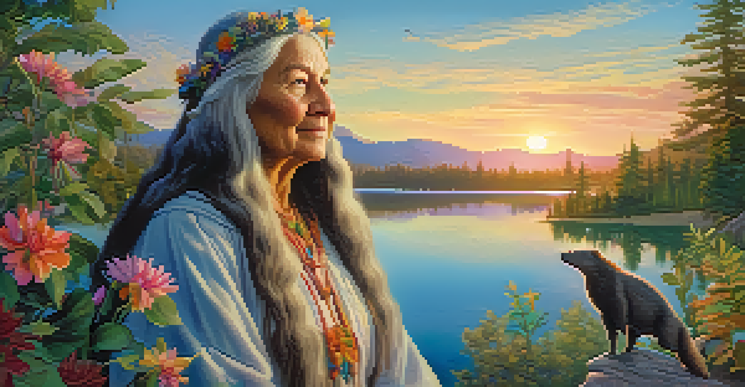 An elderly woman resembling the Big Bear Witch, with long hair adorned with leaves and flowers, stands in a clearing surrounded by vibrant plants and animals. A lake reflects a colorful sunset in the background.
