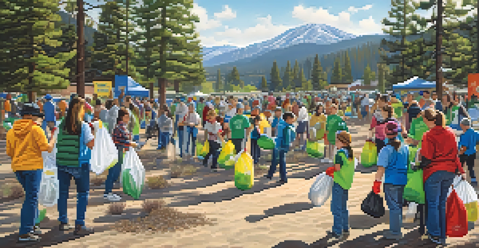 Families and students participating in a community clean-up in a park, collecting litter together with mountains in the background.