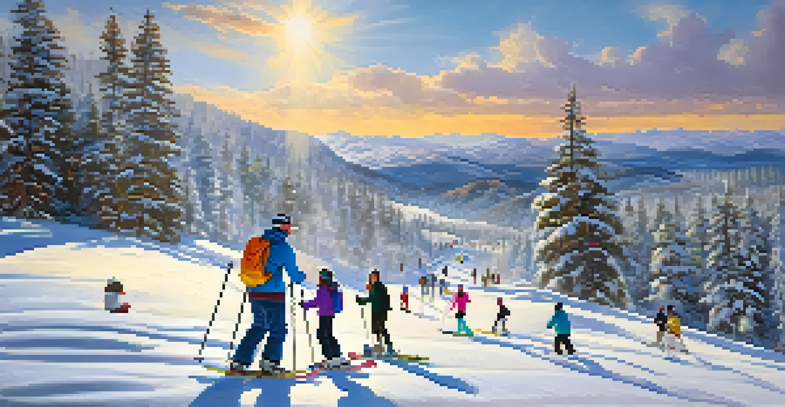 A lively winter scene in Big Bear with families skiing and a ski resort in the background.