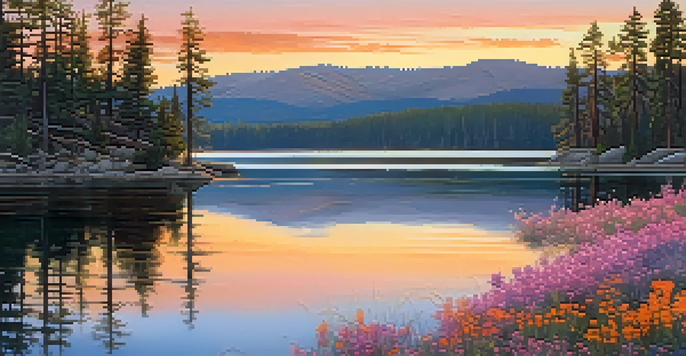 A panoramic view of Big Bear Lake at sunrise with wildflowers in the foreground and coniferous trees framing the scene.