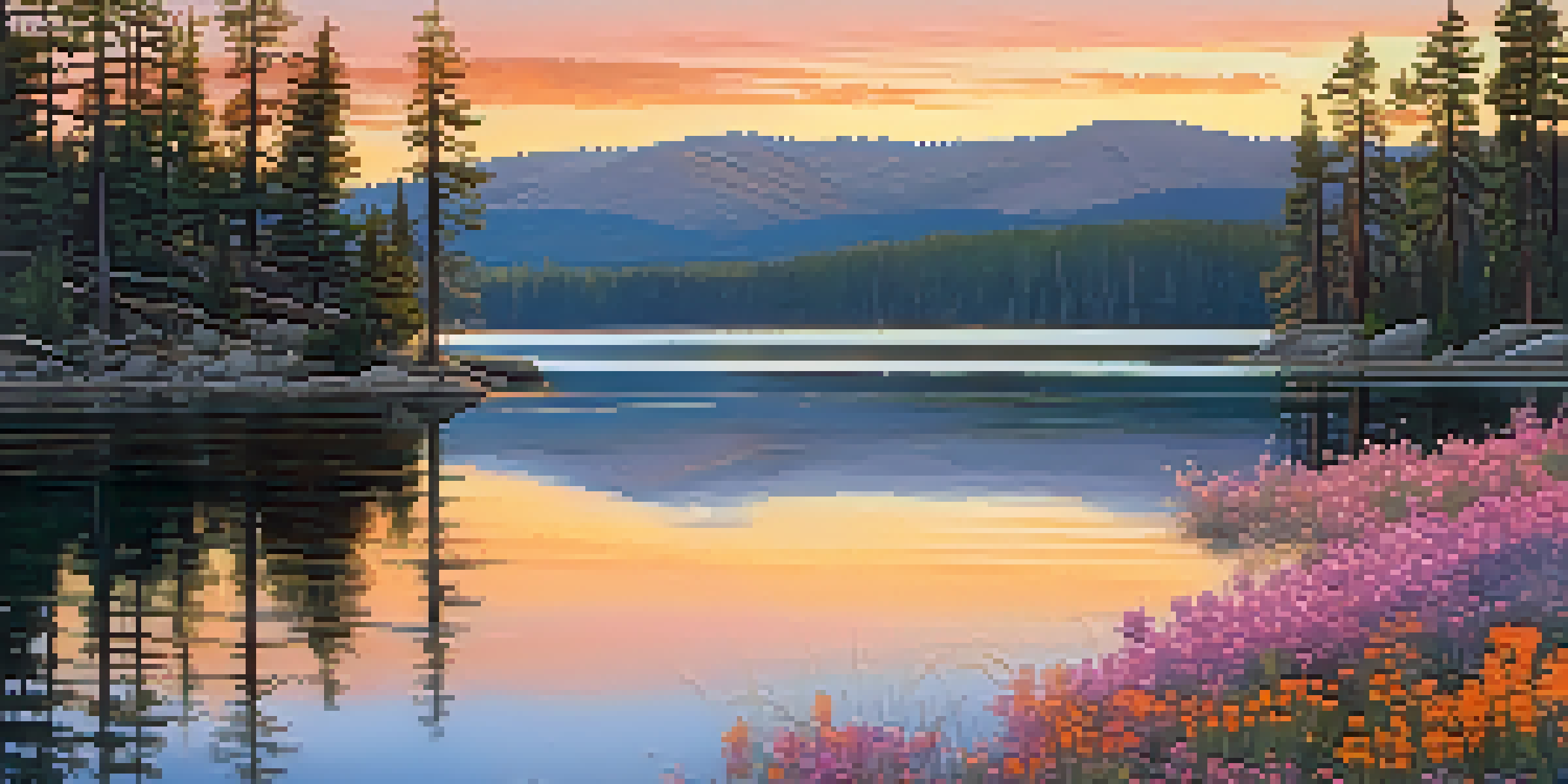 A panoramic view of Big Bear Lake at sunrise with wildflowers in the foreground and coniferous trees framing the scene.