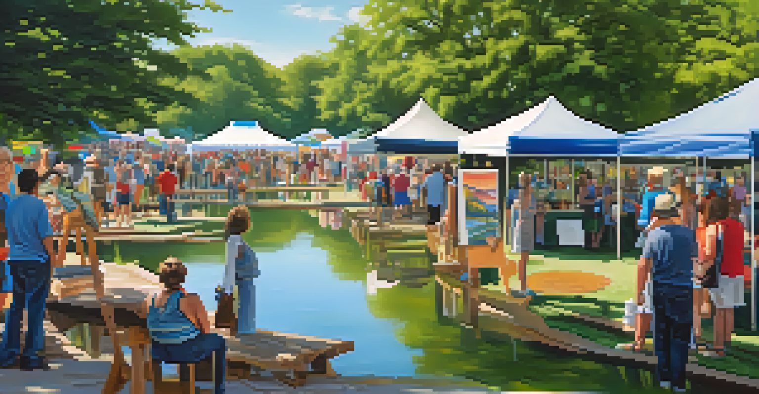 Local artists displaying their artwork at the Art on the Lake festival, with visitors enjoying the creative atmosphere.