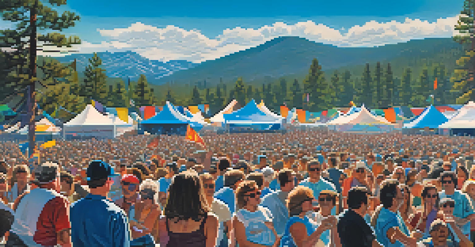 A lively music festival from the 1980s in Big Bear with a diverse crowd, colorful banners, and a scenic mountain backdrop.