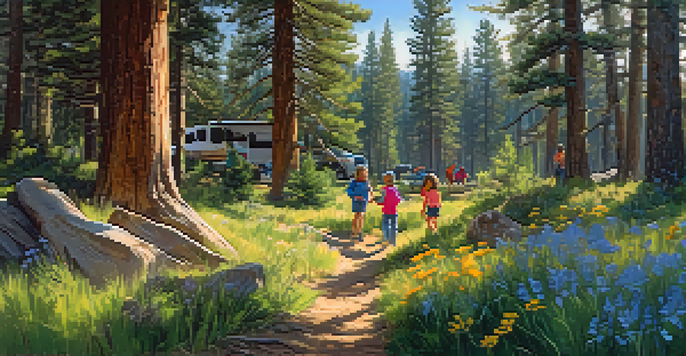 Children participating in a nature scavenger hunt at a campsite, surrounded by trees and colorful flowers in Big Bear.