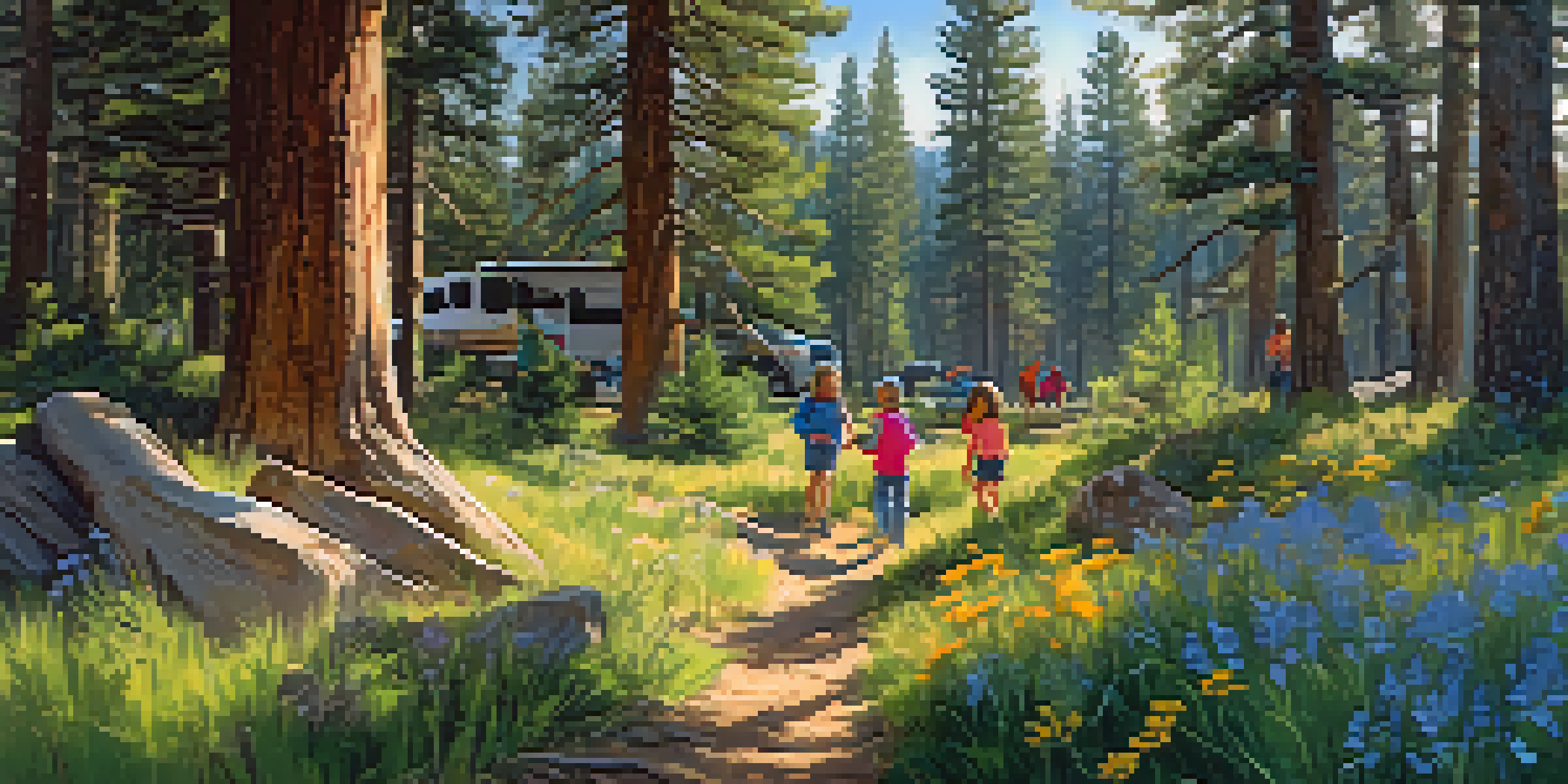 Children participating in a nature scavenger hunt at a campsite, surrounded by trees and colorful flowers in Big Bear.