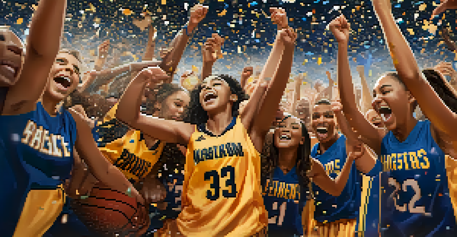 A diverse group of student athletes celebrating a victory on the basketball court with confetti.