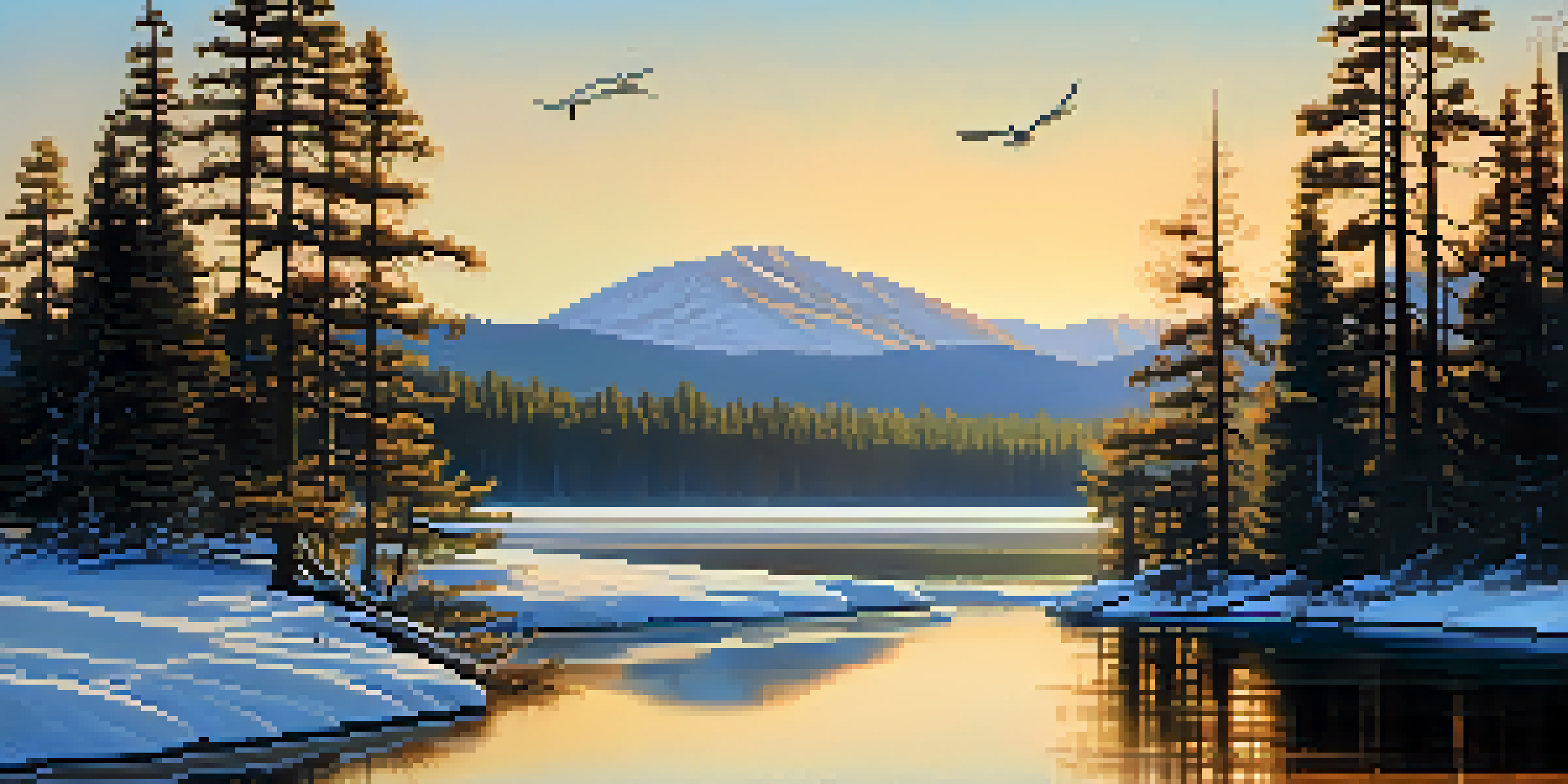 A tranquil scene of Big Bear Valley at sunrise, featuring a lake surrounded by pine trees and mountains, with birds flying in the sky.