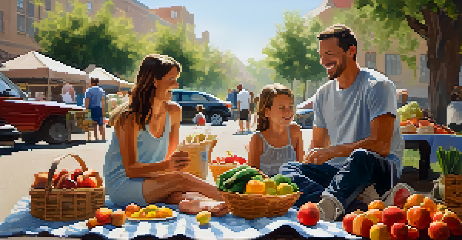 A family having a picnic at the farmers market, surrounded by fresh produce, laughing and sharing food on a sunny day.