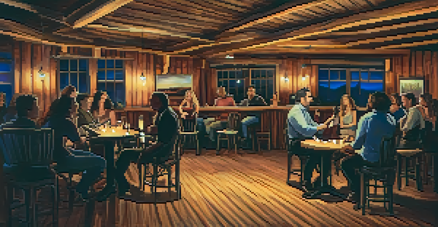 An indoor music venue in Big Bear featuring an acoustic duo performing in a cozy atmosphere with audience members enjoying the show.
