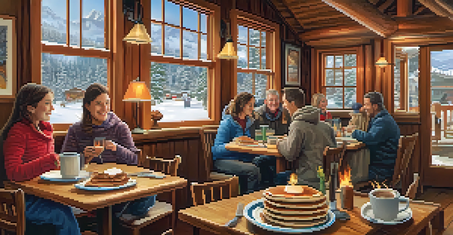 A family enjoying a meal in a cozy Big Bear restaurant, with delicious food and a snowy landscape visible outside.