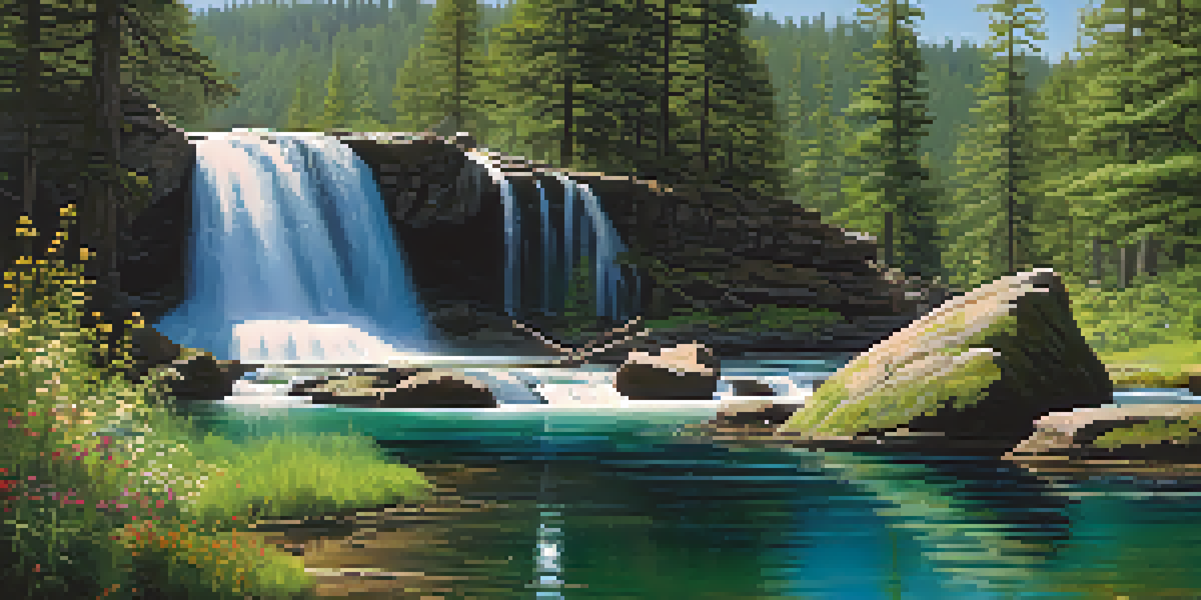 A beautiful waterfall cascading over rocks into a calm pool, surrounded by lush pine trees and colorful wildflowers.