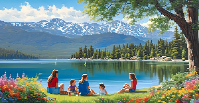 A scenic view of Big Bear Lake with mountains, blue skies, and colorful wildflowers, where a family is having a picnic.