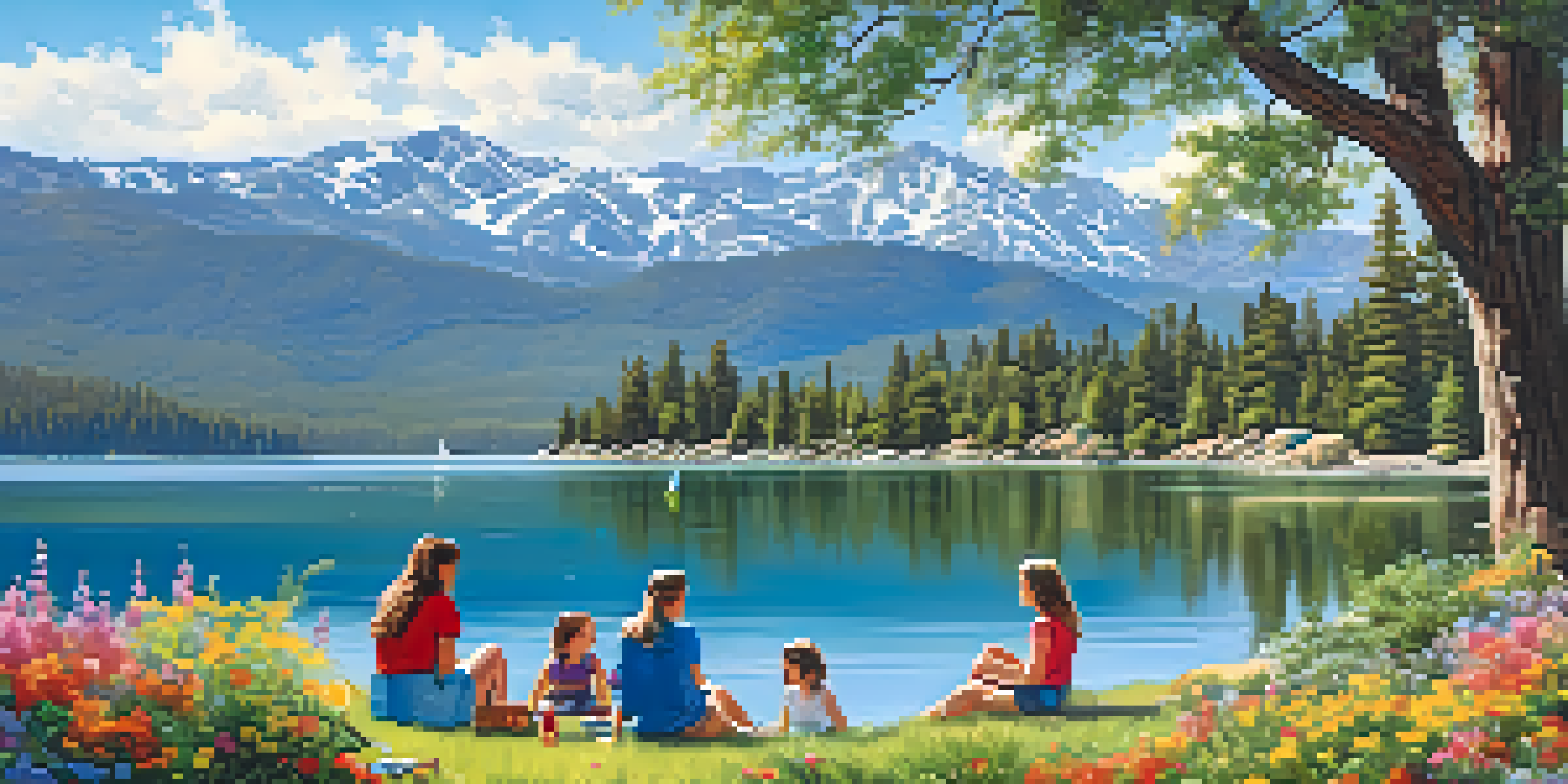 A scenic view of Big Bear Lake with mountains, blue skies, and colorful wildflowers, where a family is having a picnic.