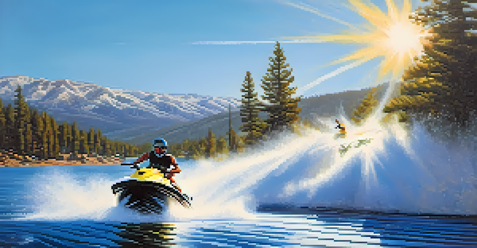 A thrilling jet skier racing across the blue waters of Big Bear Lake with mountains in the background.