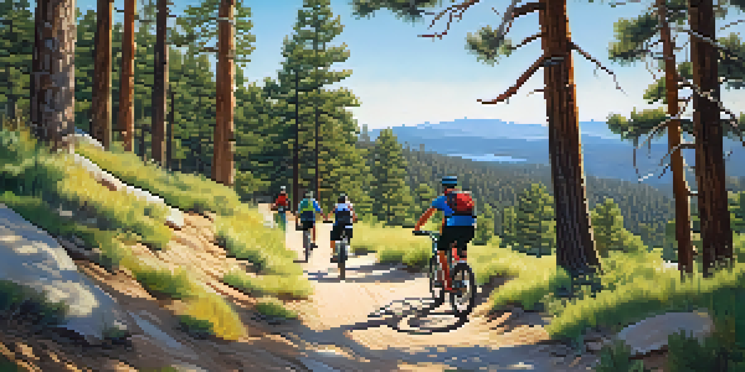 A group of mountain bikers riding through a scenic trail in a green forest with a clear blue sky.