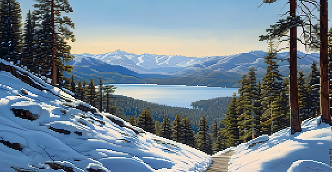 A beautiful winter landscape with Big Bear Lake, snow-covered mountains, and pine trees, featuring a hiking trail.