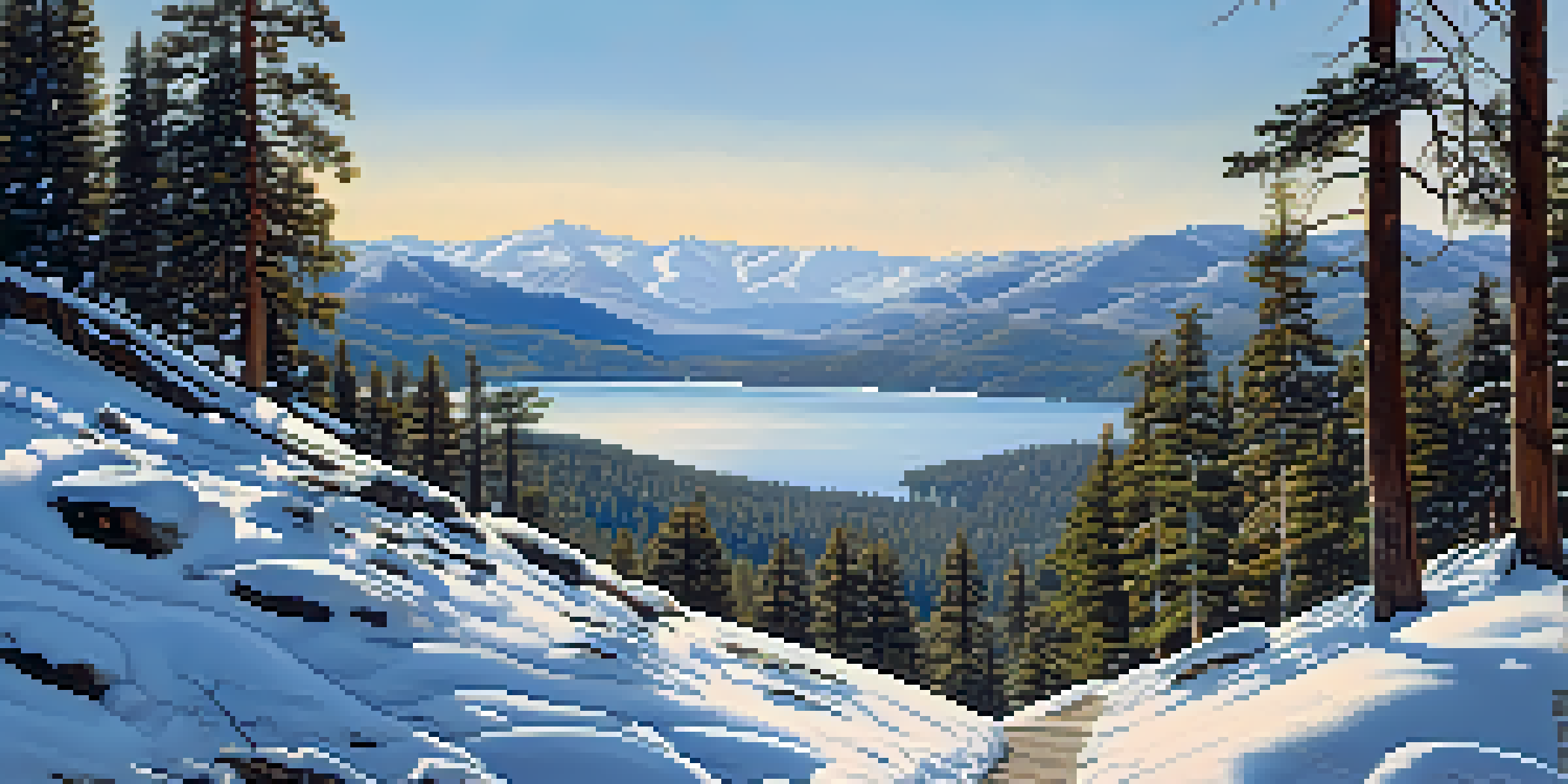A beautiful winter landscape with Big Bear Lake, snow-covered mountains, and pine trees, featuring a hiking trail.