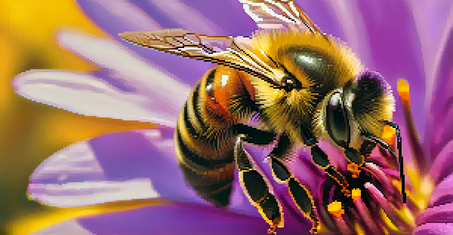 A close-up of a honeybee on a colorful flower, highlighting the bee's wings and the vibrant petals.