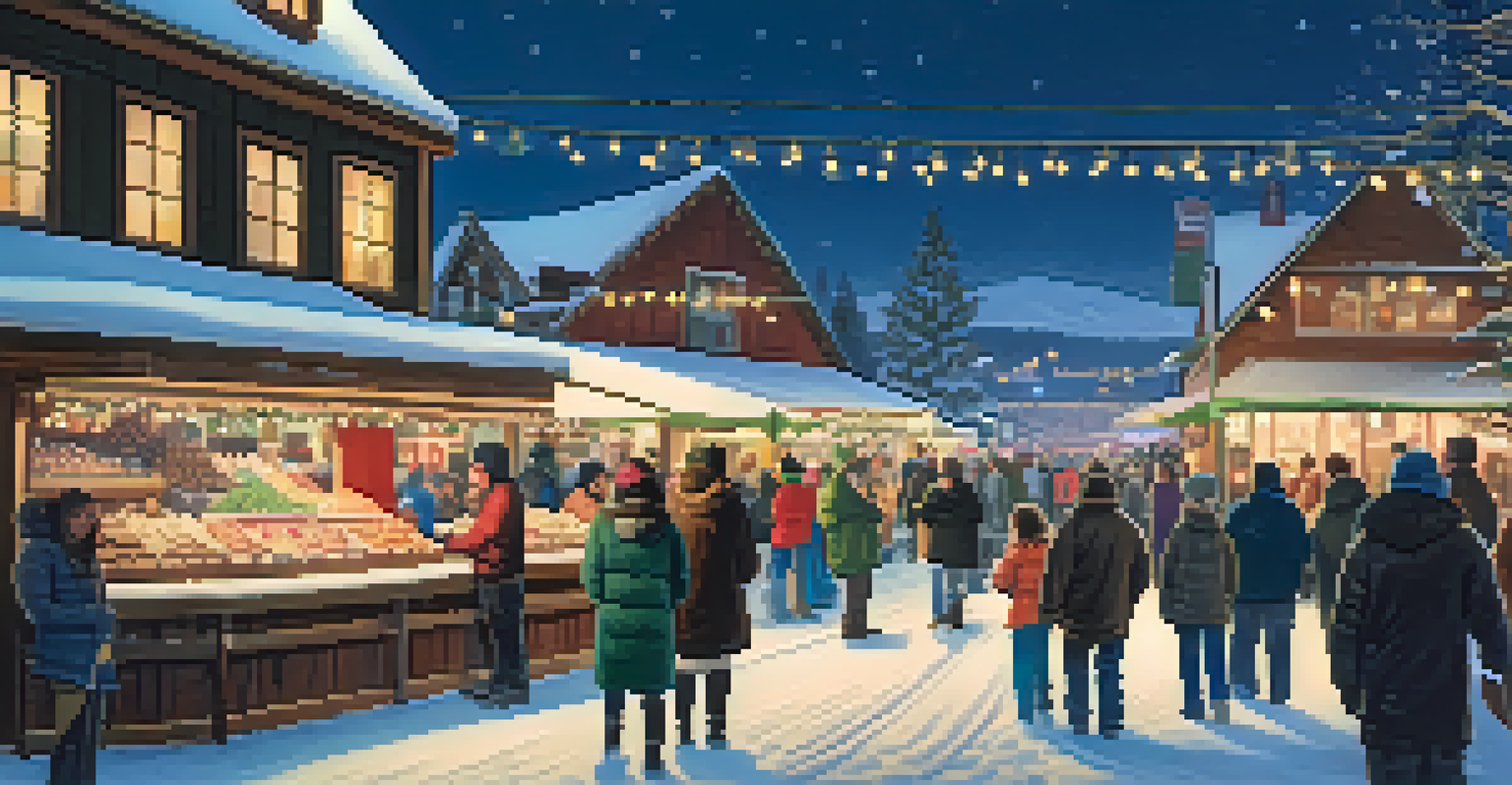 An enchanting evening winter festival scene in Big Bear, with glowing lights and people enjoying seasonal treats amidst falling snow.